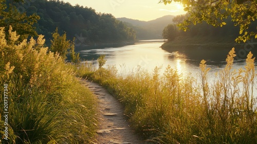 A winding dirt path alongside a sunlit river bordered by lush golden grasses and trees during golden hour