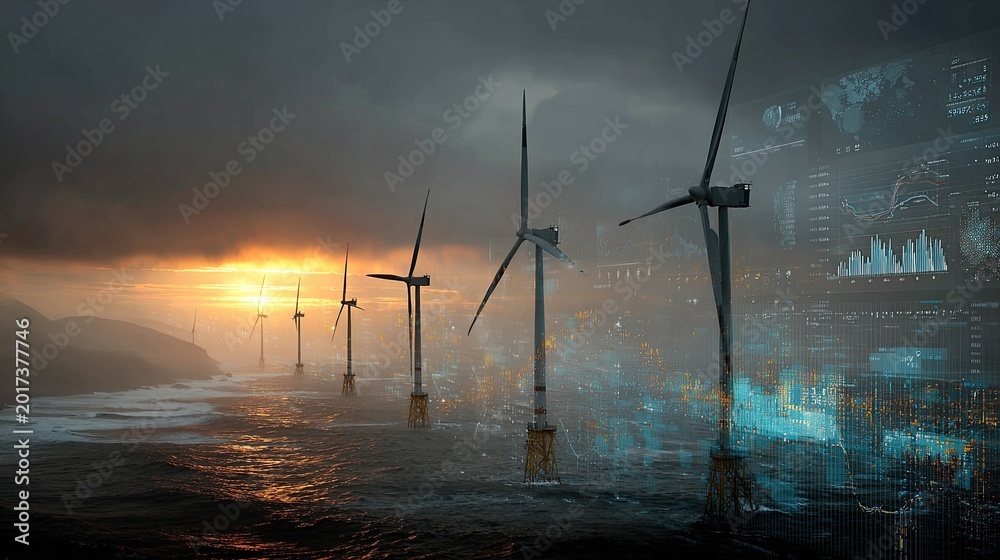 Obraz premium Modern offshore wind farm aerial view sunset ocean waves holographic energy output charts renewable power infrastructure professional landscape photography