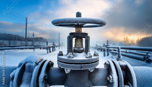 cold valve control a close up view of an industrial valve covered in frost conveying the harsh conditions and the significance of controlling resources