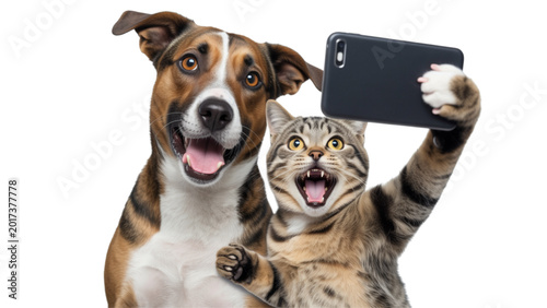 Two happy dogs holding a selfie phone and taking a picture together