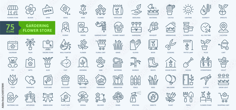 Obraz premium Flower store and Gardening elements - minimal thin line web icon set. Outline icons collection. Simple vector illustration.