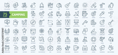 Photos Camping, trekking, hiking, tourism, local tour - thin line web icon set