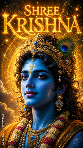 Shree Krishna close-up divine face with peacock feather and golden cosmic background, Hindu worship art