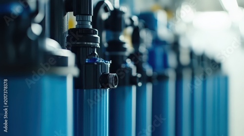 Close-up of industrial water filtration units showcasing modern design and intricate system details