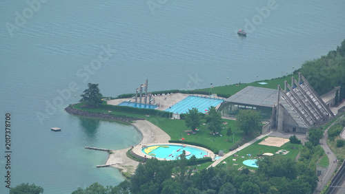 Aerial view of Bellerive outdoor swimming pool and beach on the shores of Lake Geneva, Lausanne, Switzerland