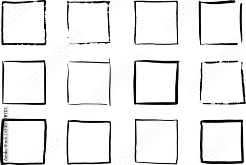 Handwriting square and rectangle frames. Hand drawn simple rubber stamp imprint. Doodle box or border brush illustration isolated on white background.