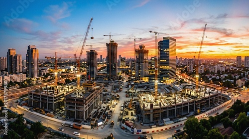 Construction cranes building a modern city skyline at a scenic sunset