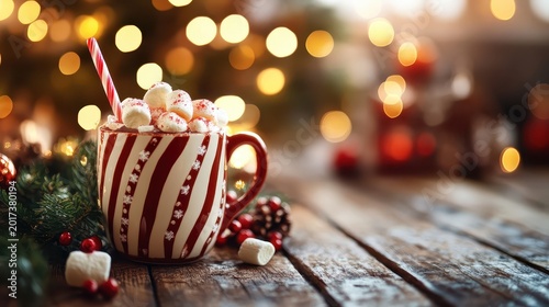 Festive Christmas Hot Chocolate with Marshmallows and Peppermint Stick on a Cozy Wooden Surface