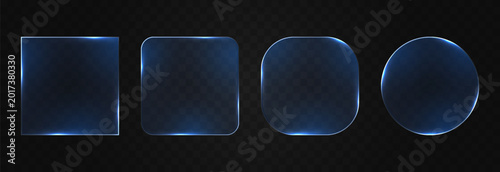 Set of blue glass frames with glowing borders. Glass PNG. Glass panels of different shapes with neon frames.