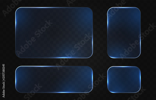 Set of blue glass frames with glowing borders. Glass PNG. Glass panels of different shapes with neon frames.