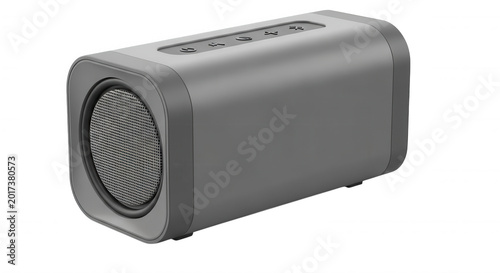 A rectangular, gray portable wireless bluetooth speaker with a circular mesh grille and control buttons on isolated on a black background