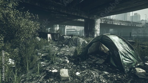 Homeless encampment set up under a city bridge with tents and makeshift shelters visible amidst urban decay