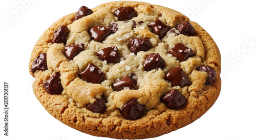 A round, golden-brown chocolate chip cookie with large chunks of dark chocolate and coarse sea salt crystals, isolated on a black background