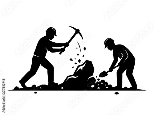 Miners silhouette with pickaxe and shovel black on white background