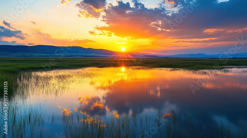Vibrant Sunrise and Sunset Over Distant Mountains Casting Brilliant Reflections on Still Water