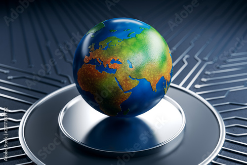 Globe representing global technology network on digital circuit background wi...