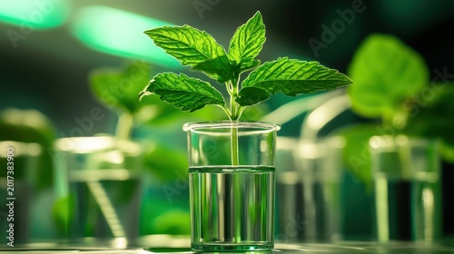 Young green plant growing in a laboratory beaker with scientific equipment in the background, representing sustainable energy research and innovative solutions for a greener future.