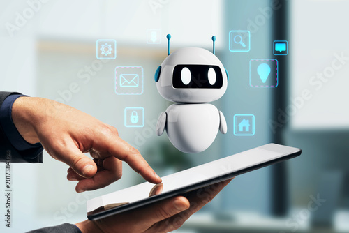 Floating cute chatbot robot above digital tablet with glowing interface icons...