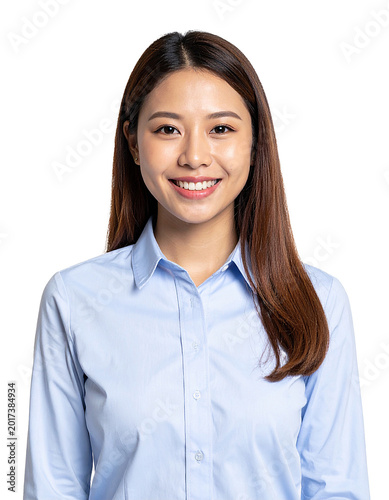Portrait of only one Woman. White Background.