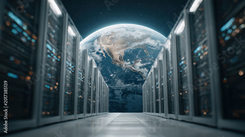 Data center global influence with Earth planet in space behind server racks in futuristic technology room