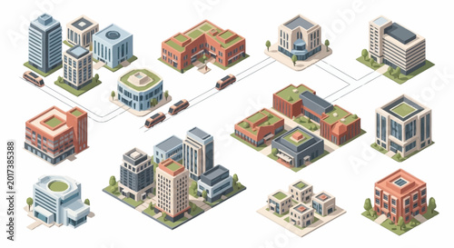 A collection of various city buildings and structures.