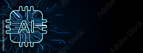 Neon blue artificial intelligence circuit brain icon glowing on a dark techno...