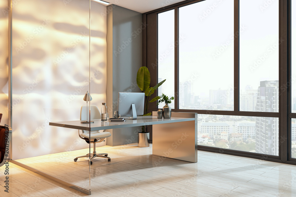 Fototapeta premium Modern luxury office workspace with sleek desk, large windows, soft backlit wall design, premium contemporary interior overlooking cityscape. 3D Rendering