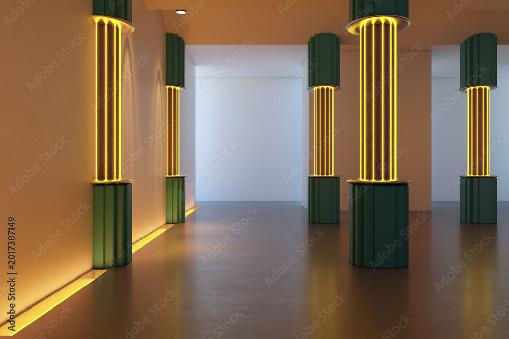 Obraz premium Futuristic interior corridor with glowing vertical neon pillars and modern architectural design in an empty contemporary indoor space. 3D Rendering