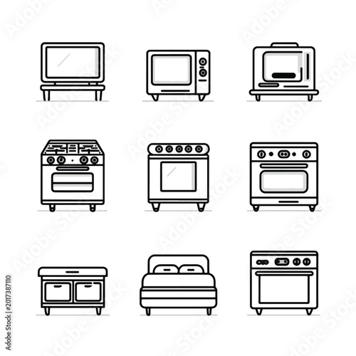 Black and white kitchen appliances line icons.