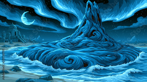 Surrealistic blue rock formation in ocean waves under crescent moon night sky