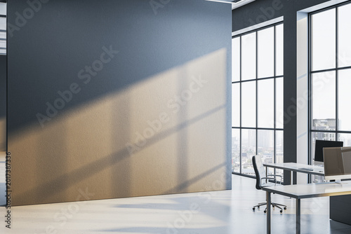 Sunlit modern office interior featuring a large blank wall for mockup use, il...