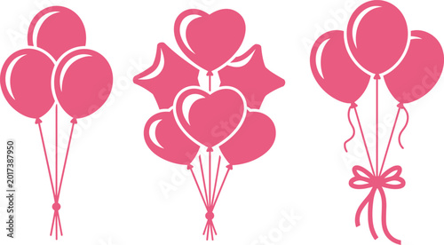 Vector set of balloon bouquets with bows and star shapes for events. Silhouette set of decorative balloon arrangements for greeting cards. illustration design