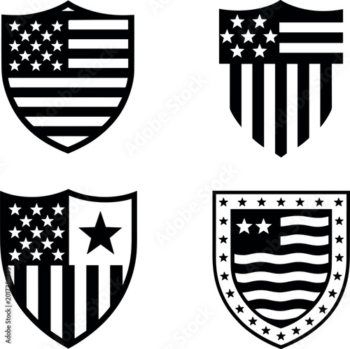 Vector set of shield icons featuring patriotic stars and stripes. Silhouette set of heraldic emblems for national holidays and concepts. illustration design
