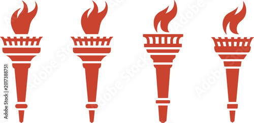 Vector set of burning torches for ceremonial event decorations. Silhouette set of flaming icon elements for rewards and honor. illustration design