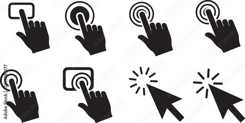 Fototapeta premium Hand cursor icons, click symbols, web buttons, black vector graphics