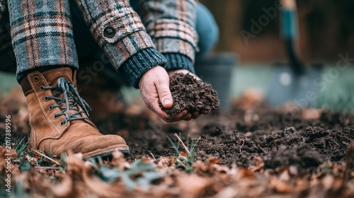 Person holding soil in hands while gardening in autumn with soil preparation, garden bed