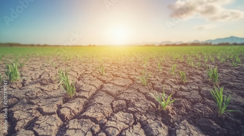 Parched farmland cracked dry soil under harsh sunlight with struggling green sprouts representing drought and aridity