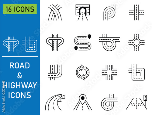 Set of highway road icons. Road and highway icons showing various lane configurations. Contain minimal route, curve, tunnel, intersection, direction symbol, and more. Vector illustration. 
