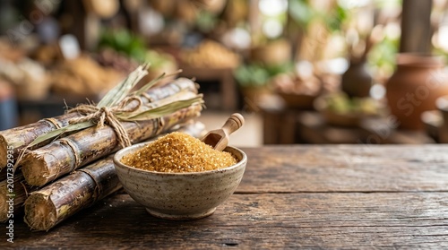 Brown sugar in a ceramic bowl with sugarcane stalks on a rustic table