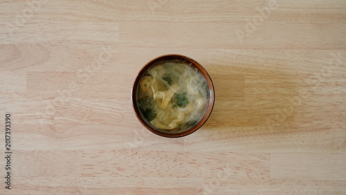 Obraz na plátně Japanese Miso Soup Bowl Overhead View Flat Lay