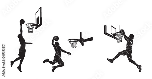 Tableau sur toile vector silhouette of a male basketball player slam dunk, scoring the ball to the net, transparent background