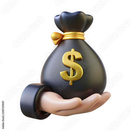 White 3 d hand holding a black money bag with gold dollar sign isolated on a transparent background