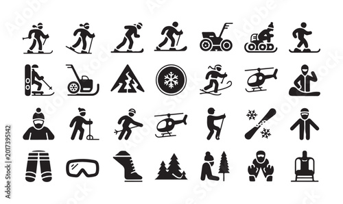Photography Winter sport icon set with skiing snowboarding snowmobiles and mountain landscape silhouettes