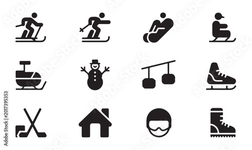 Cuadro en lienzo Winter sport icons collection with skier snowboarder snowman sled and more