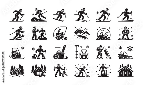 Photography Winter sport icons set with skiers snowboarders snowmobiles cabins and equipment