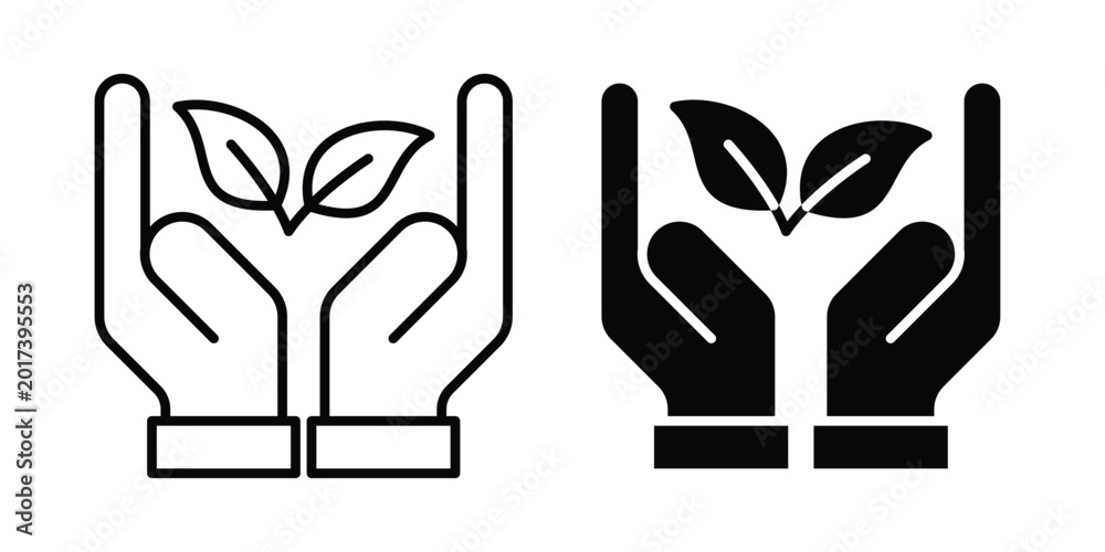 Fototapeta premium Hands holding plant icon design illustrator set. Icons in line and clipart