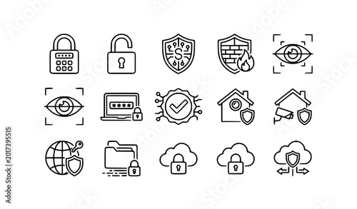 Φωτογραφία Cyber security line icons set with password lock firewall shield and internet pr