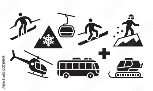 Tableau sur toile Mountain resort transportation and winter adventure icons featuring cable car bus and heli