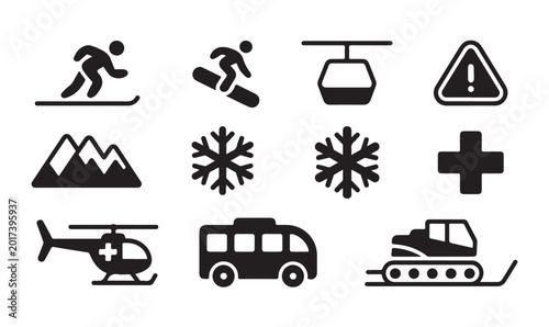 Foto Professional winter rescue and mountain safety icons set with medical vehicle and symbols