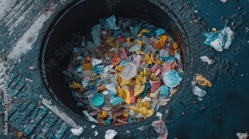 Accumulation of colorful microplastics and plastic debris near industrial storm drains, highlighting environmental pollution and its widespread impact.